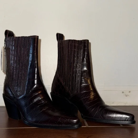 Zara Dark Burgundy Croc-Embossed Leather Ankle Boots - Picture 3 of 3